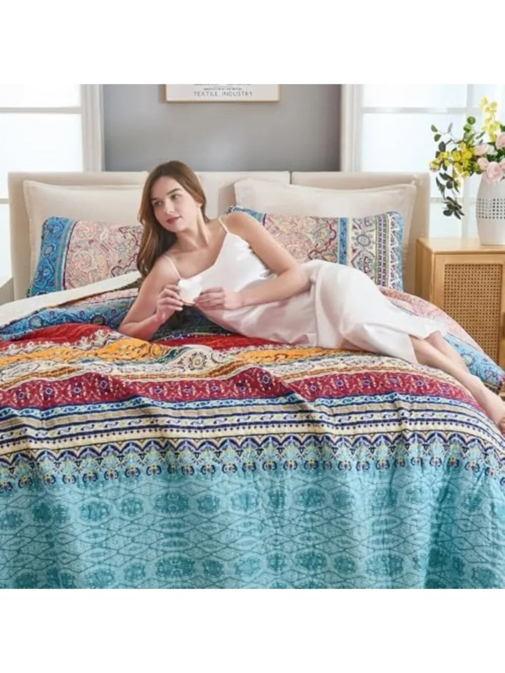 Oversized Boho Quilt Set - 3 Piece Bedspread in Beige, Cozy & Stylish Bedding